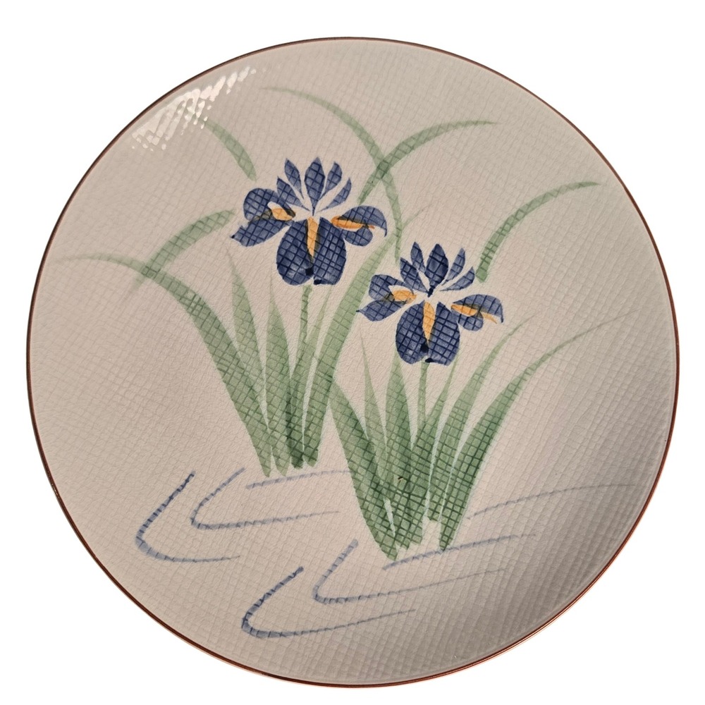 Ono Japan Ceramic Iris Plate Blue Green Hand Painted Crackle Glaze VTG 12.25"‎